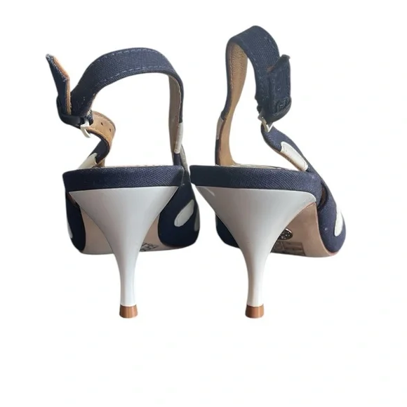 NEW TORY BURCH Navy Blue White Polka Dot Kitten Heel Sling Back Shoes Size 7